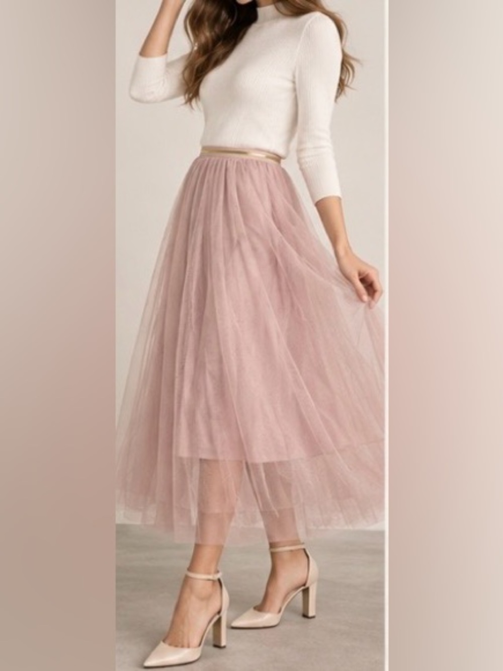 chicwish Blush Pink Tulle Maxi Skirt with Gold Waistband